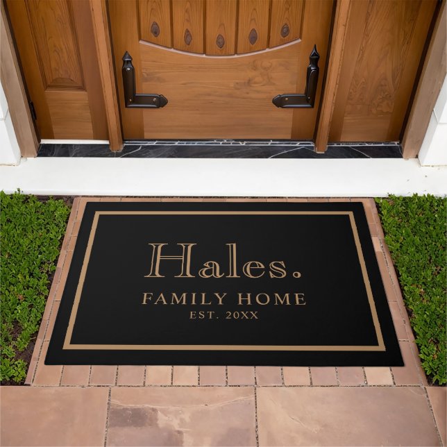 Modern Family Name Year Established Black and Gold Doormat (Outdoor)