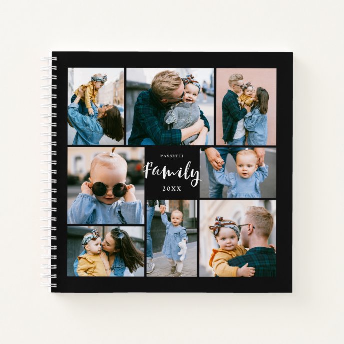 Modern Family Personalized 8 Photo Collage | Black Notebook