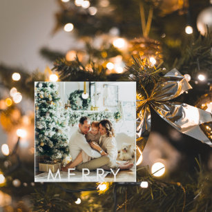 Modern Family Photo and Happy Holiday & Merry Ceramic Ornament
