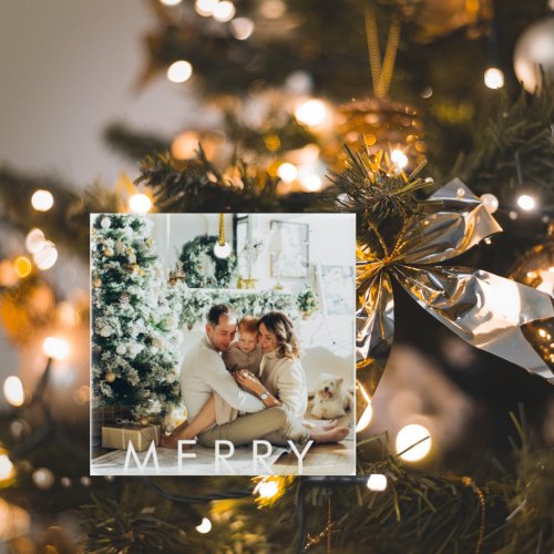 Modern Family Photo and Happy Holiday  Merry Ceramic Ornament