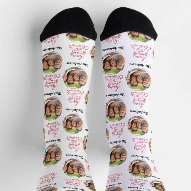 Modern Family Photo and Name Merry Christmas  Socks (Top)