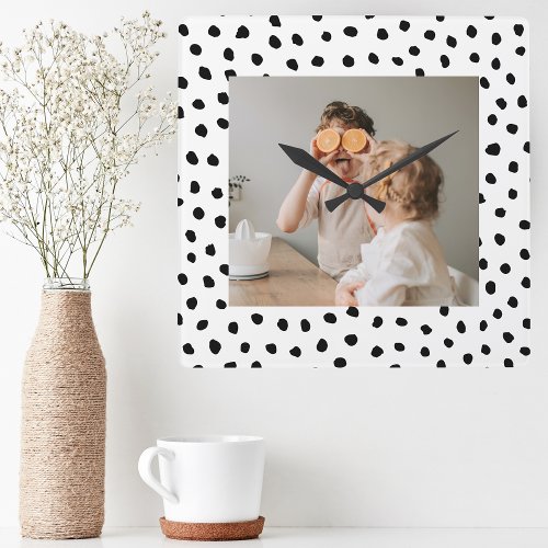 Modern  Family Photo  Black Dots Beauty Gift Square Wall Clock