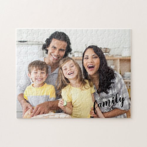 Modern Family Photo Black Script Name and Date Jigsaw Puzzle