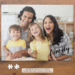 Modern Family Photo Black Script Name and Date Jigsaw Puzzle