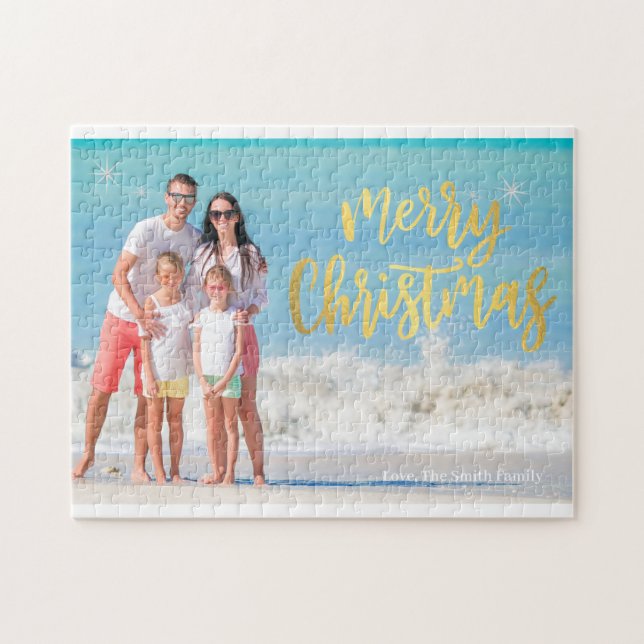 Modern Family Photo Blue Ocean Beach Holiday Card Jigsaw Puzzle (Horizontal)