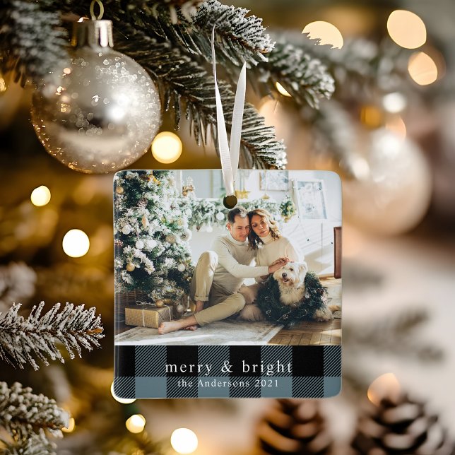 Modern Family Photo Blue Plaid Ceramic Ornament (Creator Uploaded)