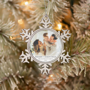 Modern Family Photo Christmas Snowflake Pewter Christmas Ornament
