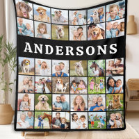 Modern Family Photo Collage 36 Personalized Black  Fleece Blanket