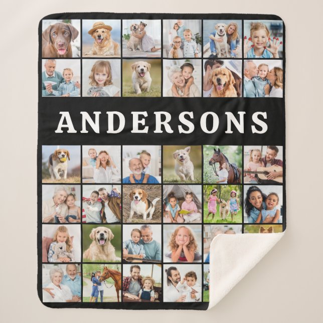 Modern Family Photo Collage 36 Personalized Black  Sherpa Blanket (Front)