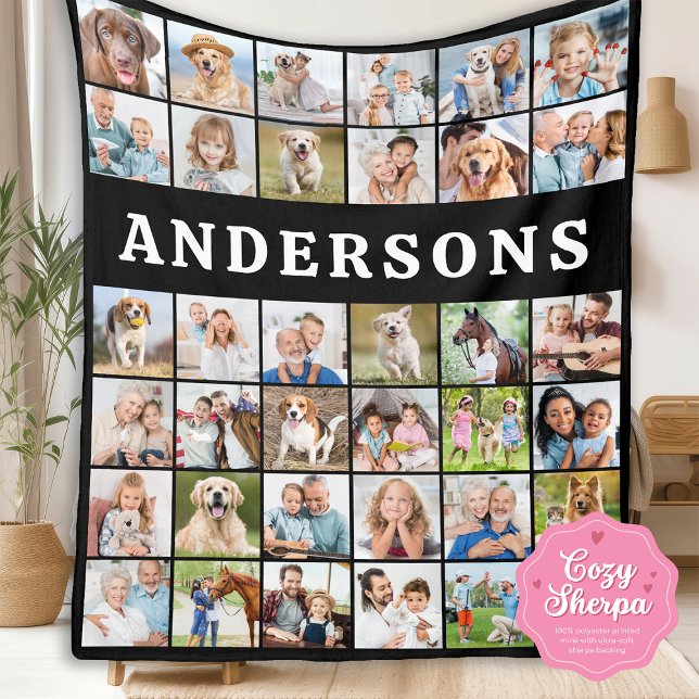 Modern Family Photo Collage 36 Personalized Black  Sherpa Blanket (Creator Uploaded)