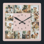 Modern Family Photo Collage Blush Pink Keepsake Square Wall Clock<br><div class="desc">This 12 Photos Collage Modern Family Personalized Wall Clock is the perfect way to turn your favorite family photos into a cute and trendy keepsake. With a simple, modern design and elegant Monogram, it's fully customizable to fit your style. Ideal for gifting on Mother’s Day, Father’s Day, birthdays, Christmas, anniversary...</div>