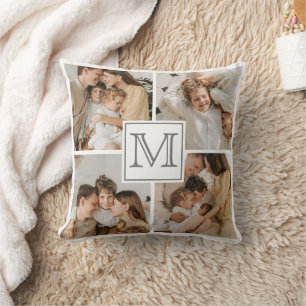 Modern Family Photo Collage Custom Monogram Gift Throw Pillow