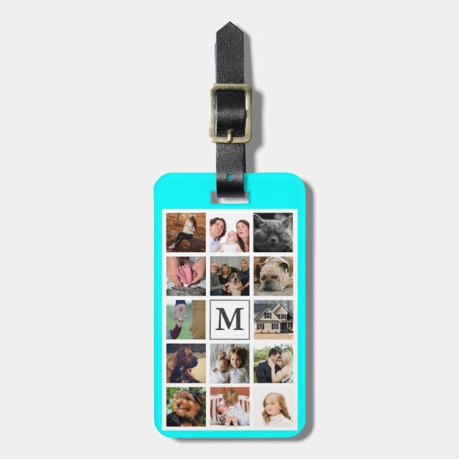 Modern Family Photo Collage & Cyan | Monogram Luggage Tag (Front Vertical)