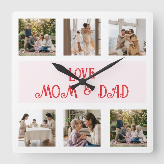 Modern Family Photo Collage Love Square Wall Clock (Front)