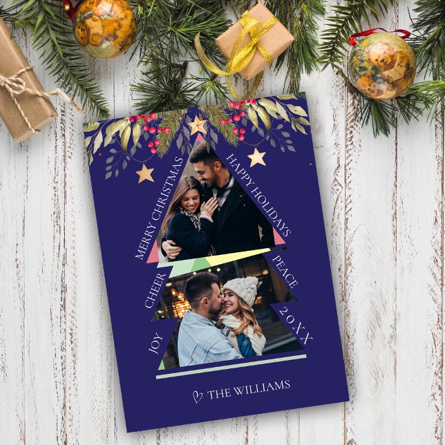 Modern Family Photo Collage Merry Christmas Card (Merry Christmas Multiple Photo Tree Holiday Card)