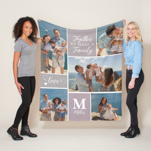 Modern FAMILY Photo Collage Monogram Name 5 photos Fleece Blanket