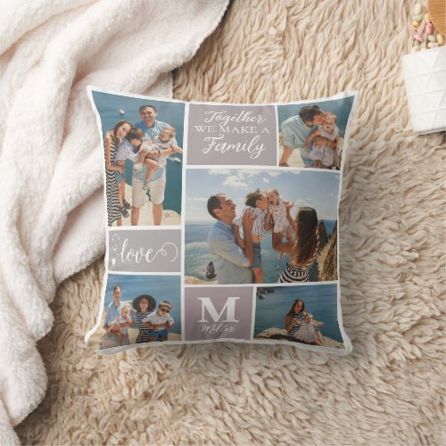 Modern FAMILY Photo Collage Monogram Name 5 photos Throw Pillow
