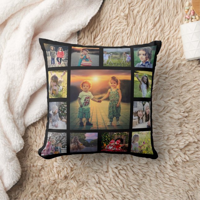 Modern family photo collage monogram name black th throw pillow (Blanket)