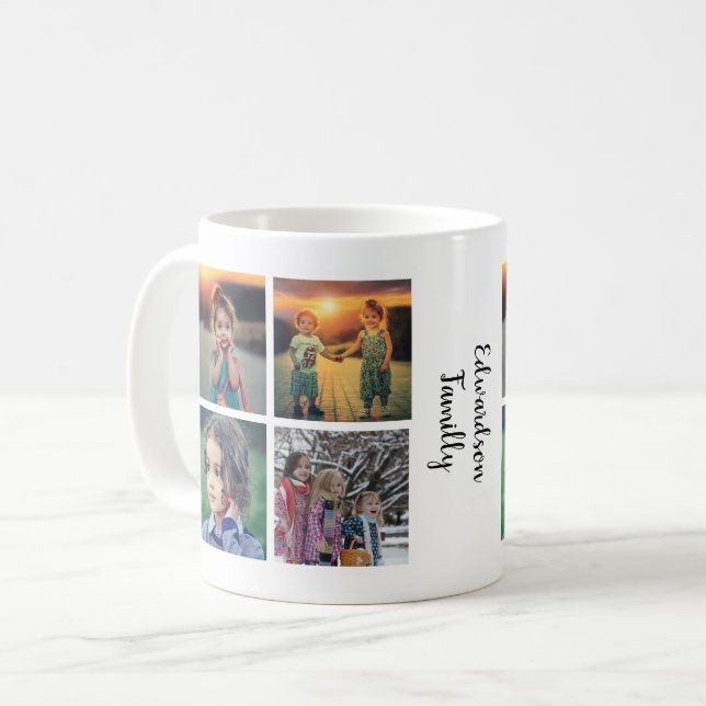 Modern family photo collage monogram name coffee mug (Front Left)