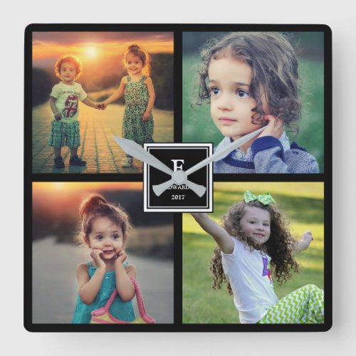 Modern Family photo collage monogram name Square Wall Clock