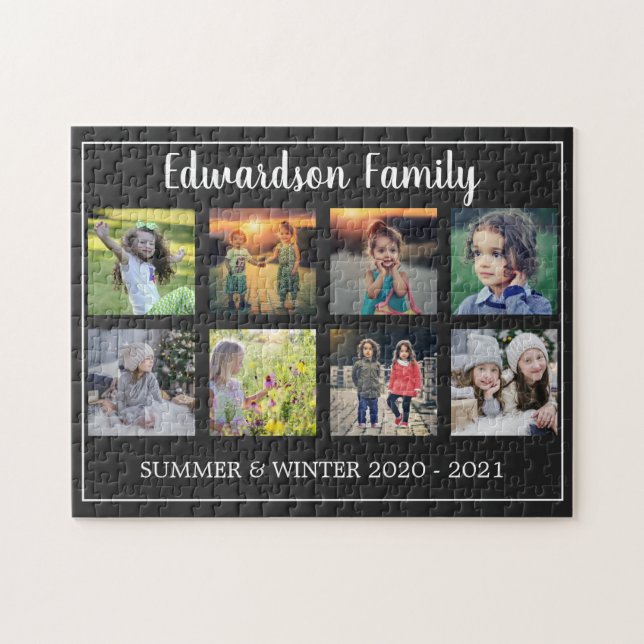 Modern family photo collage monogrammed 8 photos jigsaw puzzle (Horizontal)