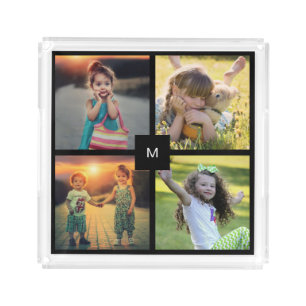 Modern family photo collage monogrammed acrylic tray