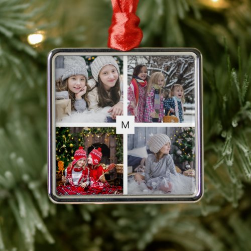 Modern family photo collage monogrammed Christmas Metal Ornament