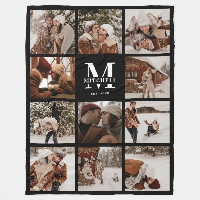 Modern Family Photo Collage | Monogrammed Keepsake Fleece Blanket (Front)