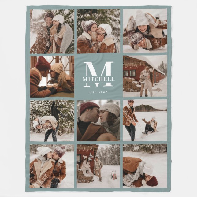 Modern Family Photo Collage Monogrammed Sage Green Fleece Blanket (Front)