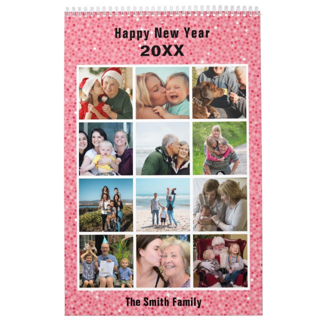 Modern Family Photo Collage Pink Glitter Custom Calendar (Cover)