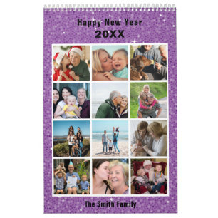 Modern Family Photo Collage Purple Glitter Custom Calendar