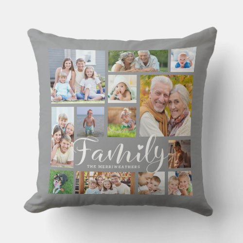 Modern FAMILY Photo Collage Script Heart Gray Throw Pillow