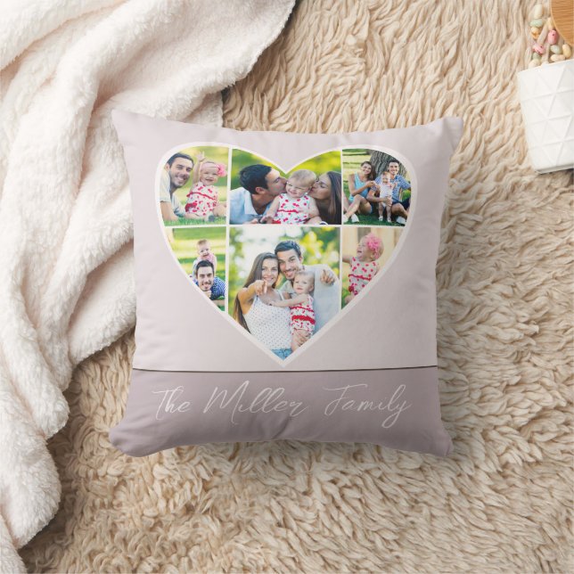 Modern FAMILY Photo Collage Script Heart with Name Throw Pillow (Blanket)