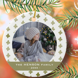 Modern Family Photo Floral Pattern Christmas Ceramic Ornament