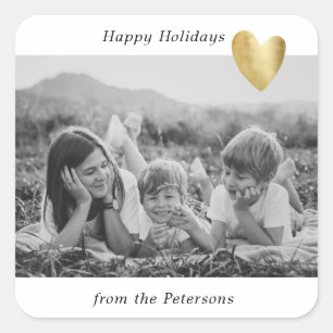 Modern Family Photo Gold Heart Happy Holidays Square Sticker
