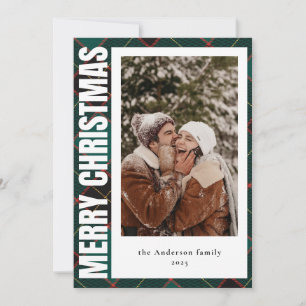 Modern Family Photo Green Plaid Merry Christmas Holiday Card