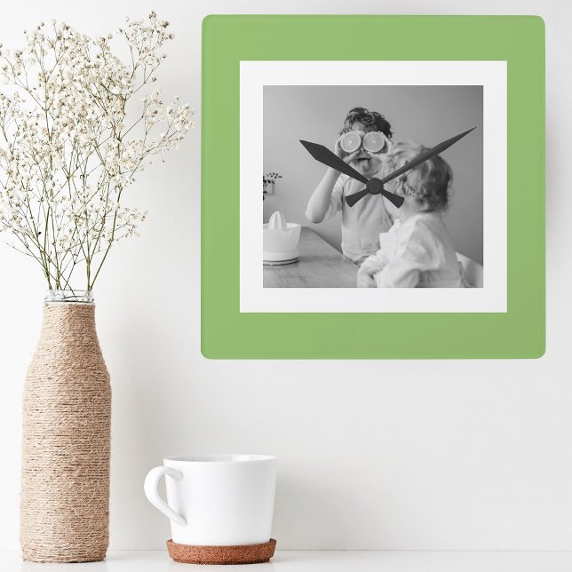 Modern  Family Photo Green Simple Lovely Gift Square Wall Clock (Creator Uploaded)