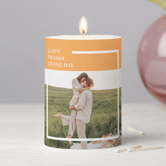 Modern Family Photo& Happy Thanksgiving Day Gift Pillar Candle (In Situ)