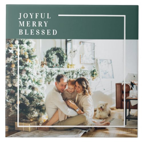 Modern Family Photo  Joyful Merry Blessed  Green Ceramic Tile
