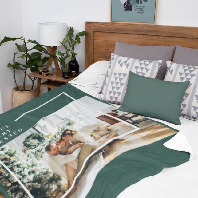 Modern Family Photo | Joyful Merry Blessed | Green Fleece Blanket (Creator Uploaded)