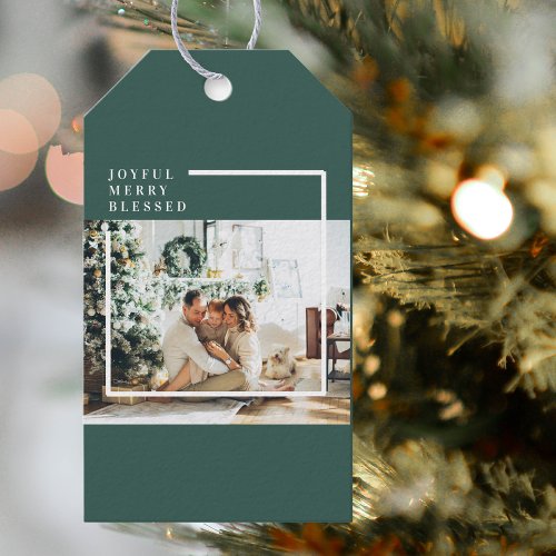 Modern Family Photo  Joyful Merry Blessed  Green Gift Tags