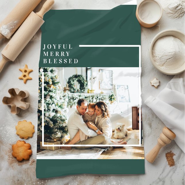 Modern Family Photo | Joyful Merry Blessed | Green Kitchen Towel (Creator Uploaded)
