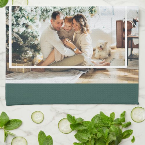 Modern Family Photo  Joyful Merry Blessed  Green Kitchen Towel