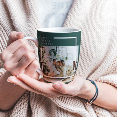 Modern Family Photo | Joyful Merry Blessed | Green Latte Mug