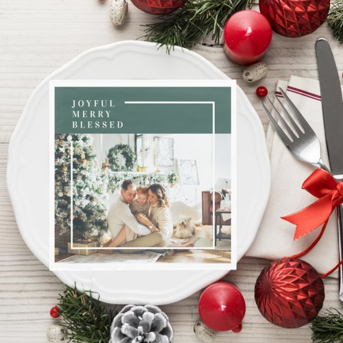 Modern Family Photo  Joyful Merry Blessed  Green Napkins