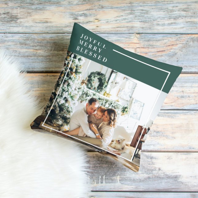 Modern Family Photo | Joyful Merry Blessed | Green Outdoor Pillow (Creator Uploaded)