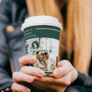 Modern Family Photo Joyful Merry Blessed Green Paper Cups