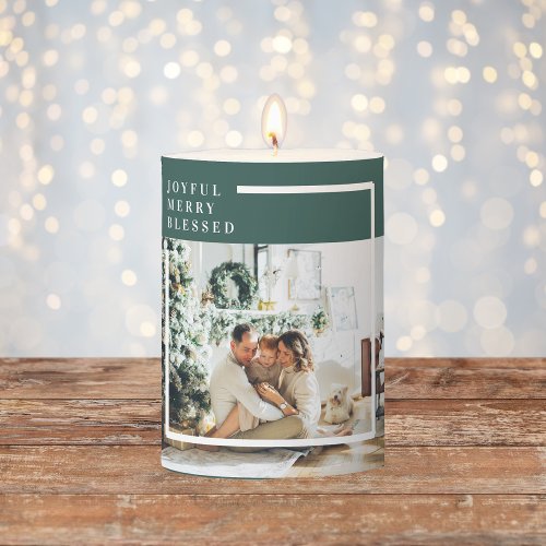 Modern Family Photo  Joyful Merry Blessed  Green Pillar Candle