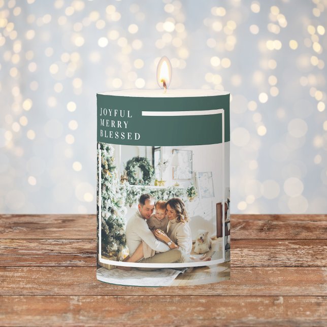 Modern Family Photo | Joyful Merry Blessed | Green Pillar Candle (Creator Uploaded)