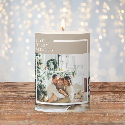 Modern Family Photo  Joyful Merry Blessed  Pillar Candle